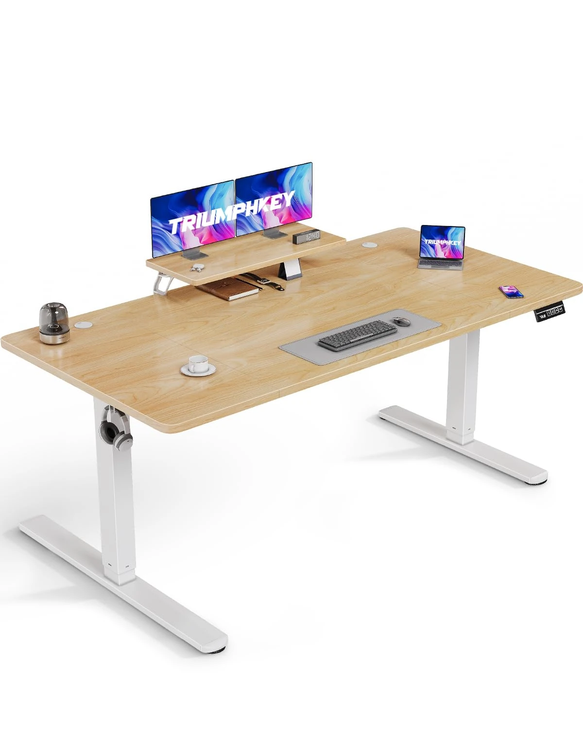 TRIUMPHKEY 180x80cm Electric Standing Desk Height Adjustable Desk With Monitor Hooks Stand Storage Shelf Home Office Sit Stand Study Table With Memory Smart Panel(Beige)