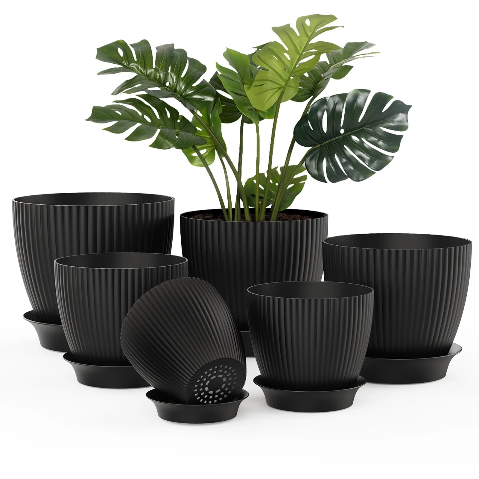 JOJOSEE 6 Pack Plant Pots Indoor, Flower Pot with Drainage Holes and Tray, Plastic Planter for House (Black, 6 Pack)