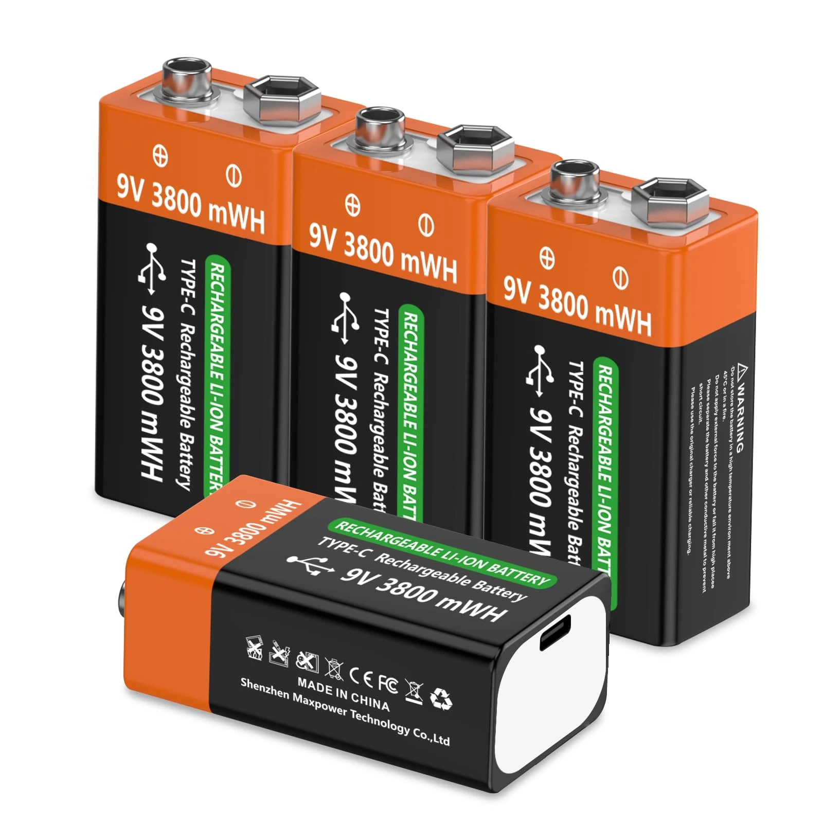 9V Rechargeable Lithium Batteries, 3800mWH with 2-in-1 USB C Charging Cable, high Capacity 6F22 Batteries for Smoke Alarms, Metal detectors, Microphones More（4 Pack ）