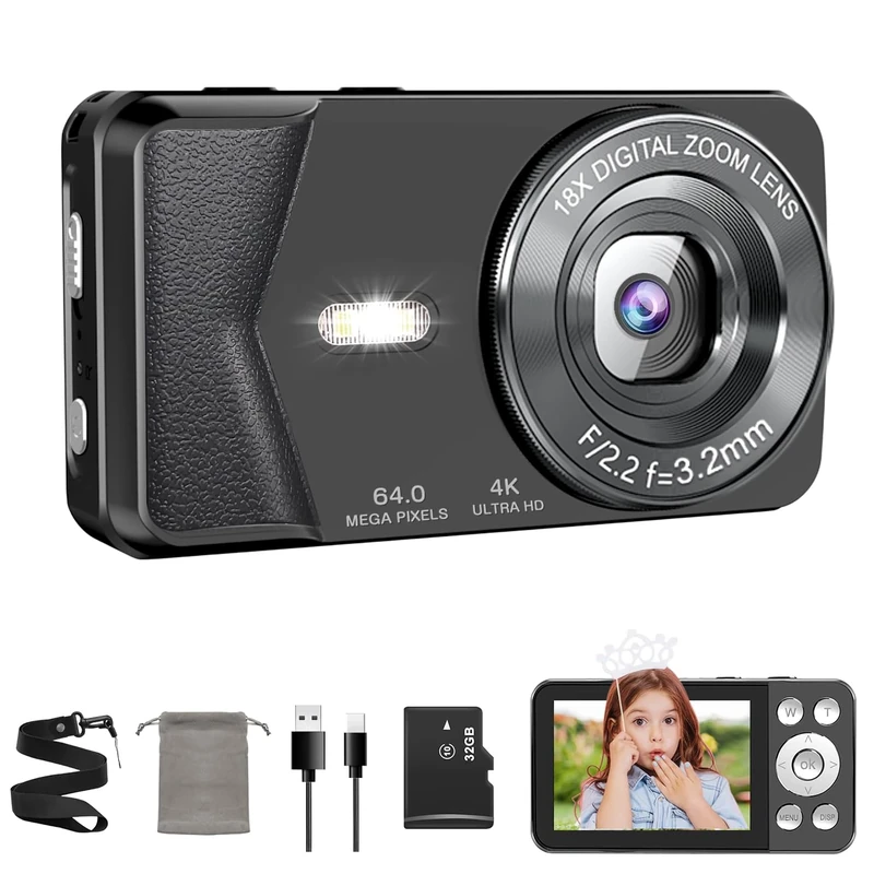4K Digital Camera 64MP, Autofocus Compact Camera with 18X Digital Zoom, 2.8 Inch Screen, Selfie & Vlogging Camera, Webcam Function, LED Flash, 32GB SD Card, Portable Photo Camera for Children