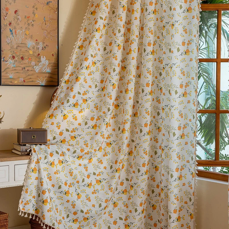 OYX Floral Boho Curtains 2 Panels Short 96 Inch Curtains Patterned Semi Sheer Living Room Drapes Farmhouse Boho Window Curtain Panels with Tassel Beige Rod Pocket Bedroom Drapes