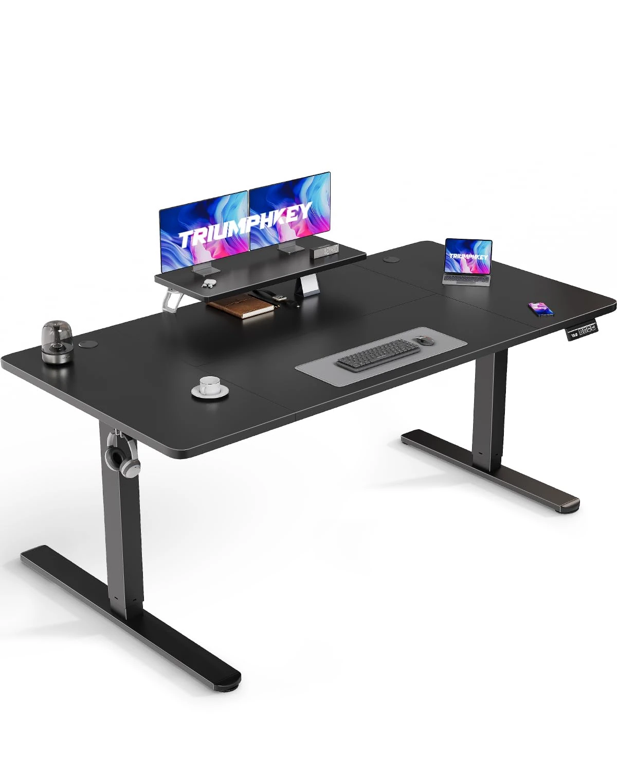 TRIUMPHKEY 180x80cm Electric Standing Desk Height Adjustable Desk With Monitor Hooks Stand Storage Shelf Home Office Sit Stand Study Table With Memory Smart Panel(Black)