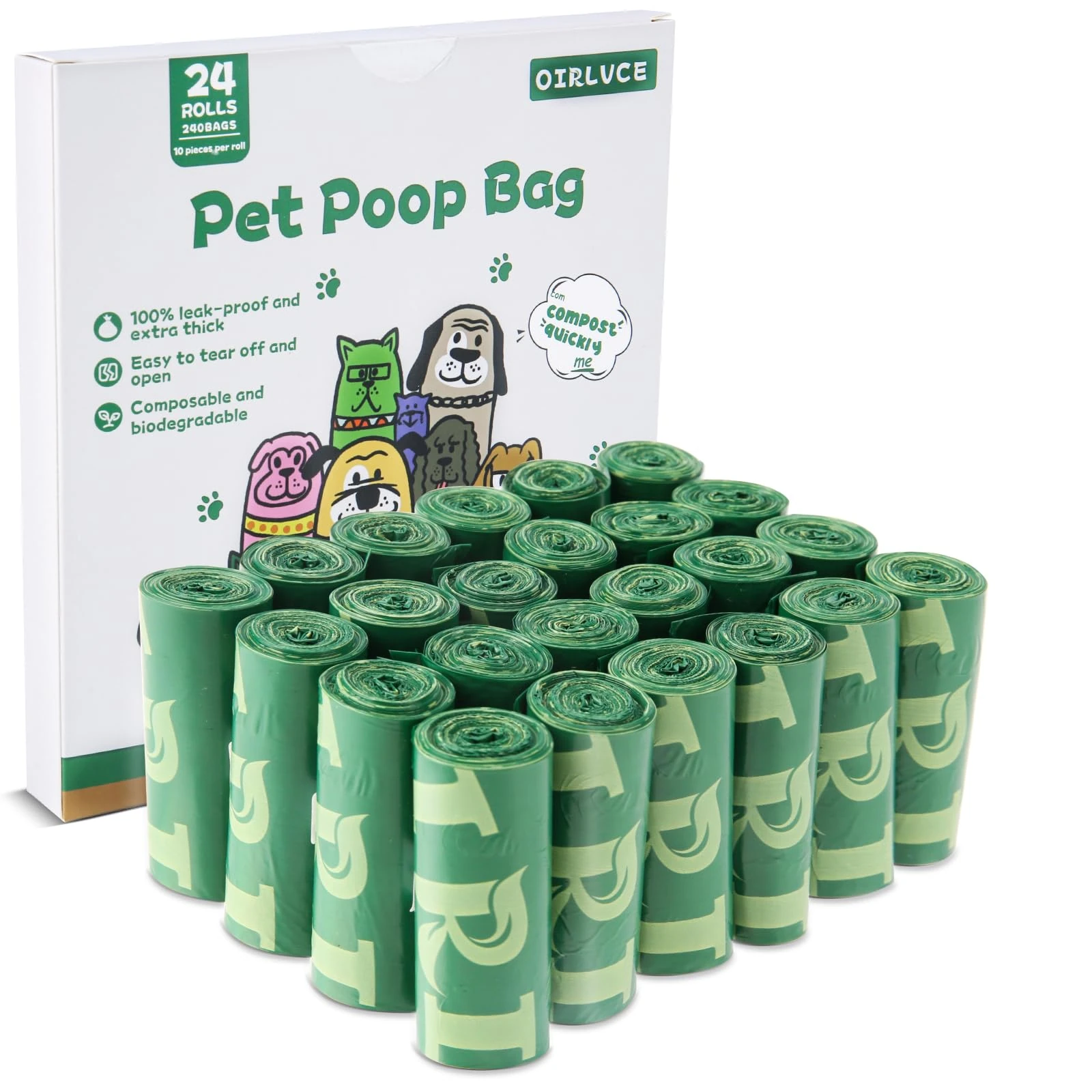 OIRLVCE 240 Dog Poo Bags 24 Rolls Coreless Dog Poop Bags, Biodegradable Extra Thick Strong Leak Proof Dog Waste Bags, Green