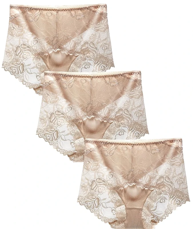 BLKDOTS Women's High Waist Hipster Briefs Seamless Panties Soft Lace Underwear Breathable Underpants, Skin 3 Pcs, L
