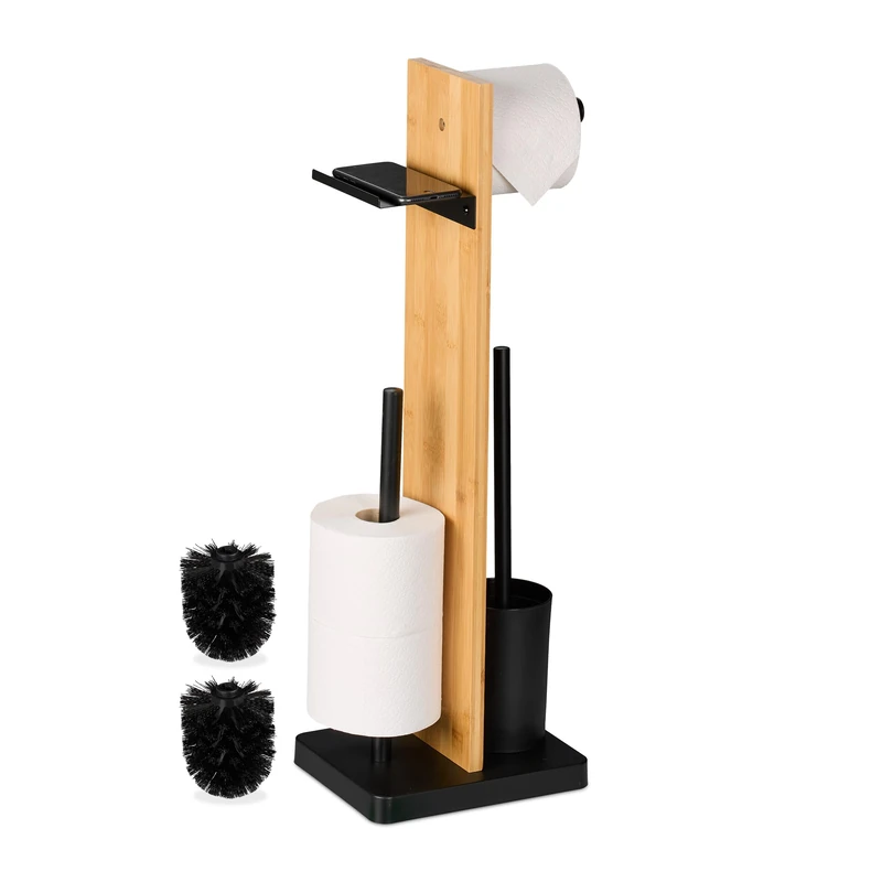 Relaxdays Toilet Roll Holder and Brush Set, Bamboo, 68x27x18 cm, Freestanding, with Shelf, Bathroom Accessories, Black, Plastic, Iron