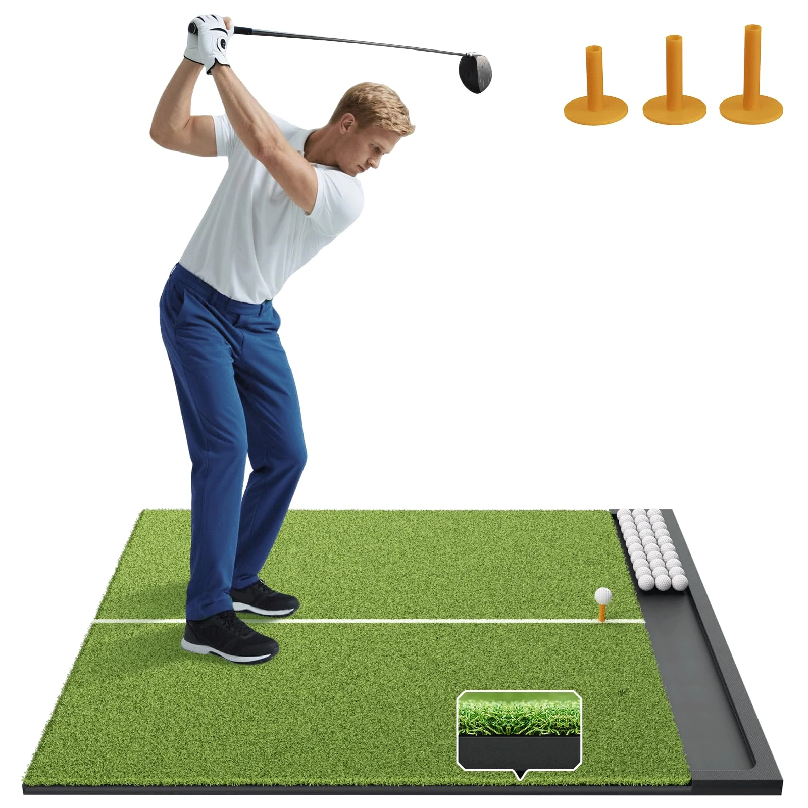 Golfpar Golf Hitting Mat with Built-in Ball Tray & Alignment Line – 26mm Thickness, Indoor Outdoor Golf Practice Mat with EVA Foam Base, Durable Turf, and 3 Rubber Tees for Backyard or Garage