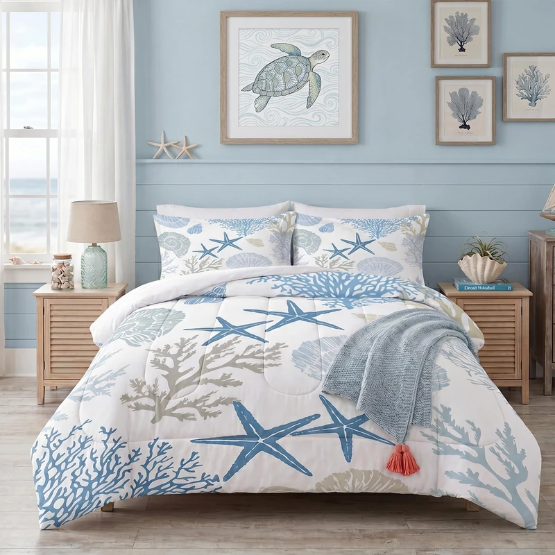 FUYEUN Coastal Bedding Set Queen: Nautical Comforter for Kids Teens Men Women, Sea Shell Starfish Marine Bedroom Decor 1 Comforter 2 Pillowcases