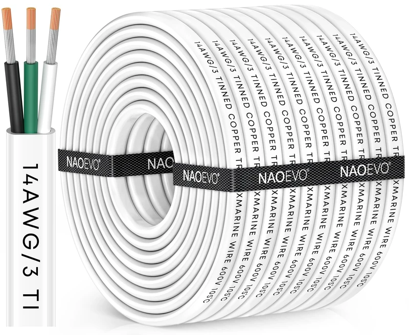 NAOEVO 14 Gauge Marine Wire, 14/3 Triplex Marine Electrical Cable, Waterproof/Insulated PVC/Oxygen-Free Tinned Copper 14 AWG Wire for Boat, Automotive, RV, Solar, LED, Trolling Motor (100FT)