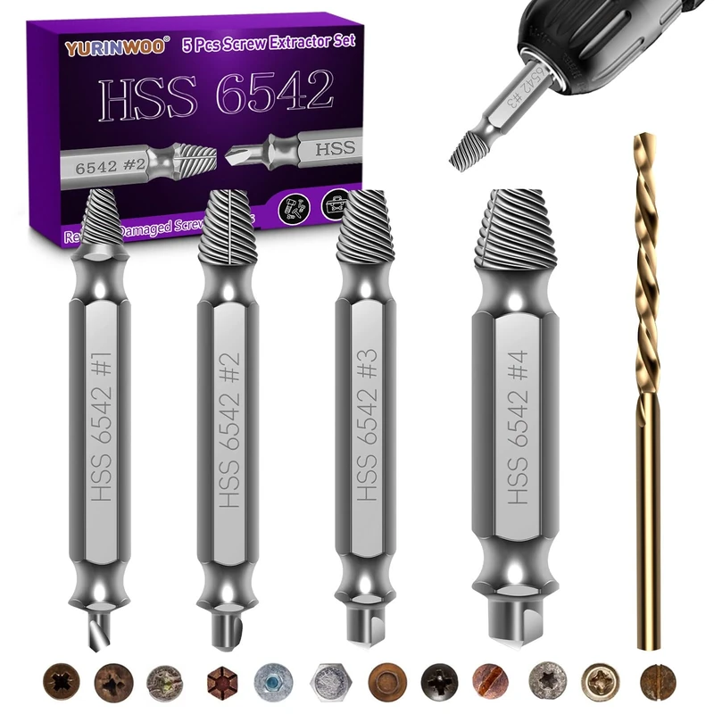 5PCS Damaged Screw Extractor Set, Upgraded Model HSS 6542, Hardness is 63-65HRC, Screw Grab Screw Removal Tool, Adult Gifts for Men, General bit Set Double Ended for Damaged Broken Stripped Screws