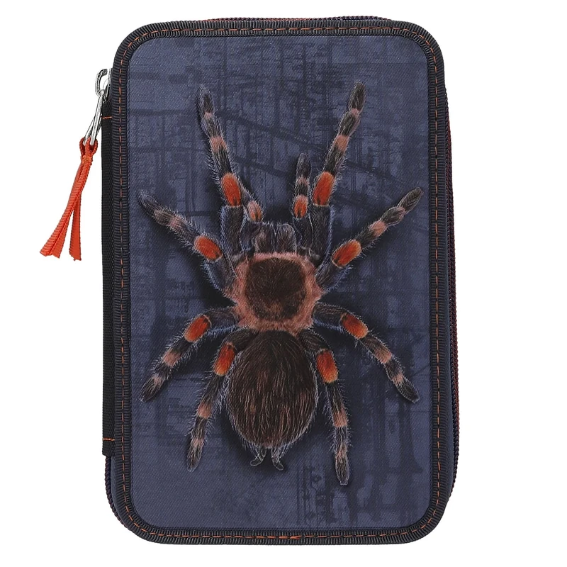 Depesche 13332 Adventure World Filled 2-Compartment Pencil Case in Dark Blue, with Spider Motif and 3D Effect, Pencil Case with Colouring Pencils, Ruler, Set Square and Much More