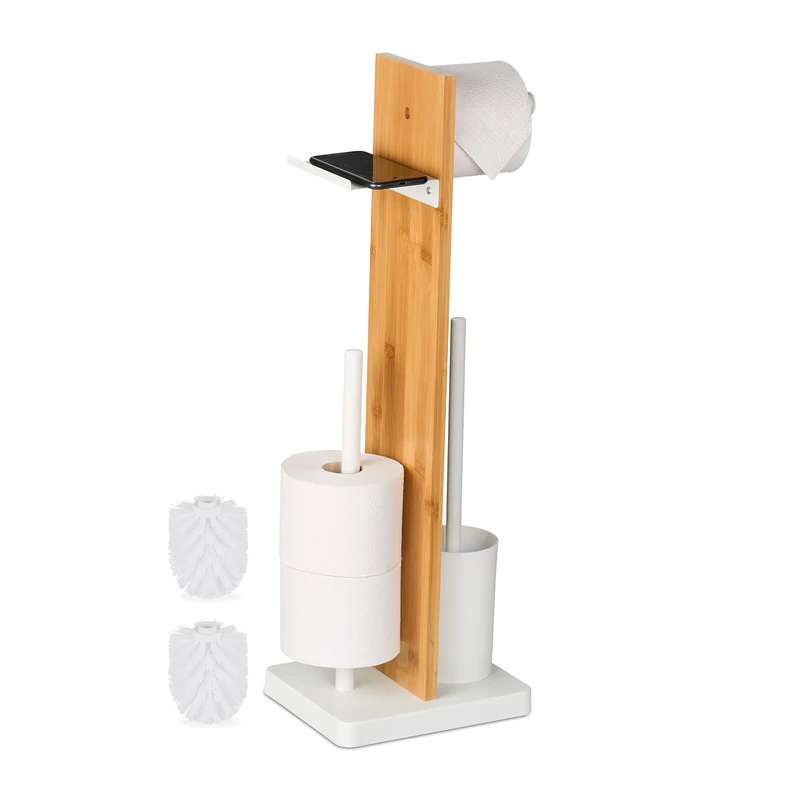 Relaxdays Toilet Roll Holder and Brush Set, Bamboo, 68x27x18 cm, Freestanding, with Shelf, Bathroom Accessories, White, Plastic, Iron
