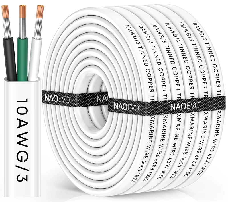 NAOEVO 10 Gauge Marine Wire, 10/3 Triplex Marine Electrical Cable, Waterproof/Insulated PVC/Oxygen-Free Tinned Copper 10 AWG Wire for Boat, Automotive, RV, Solar, LED, Trolling Motor (30FT)