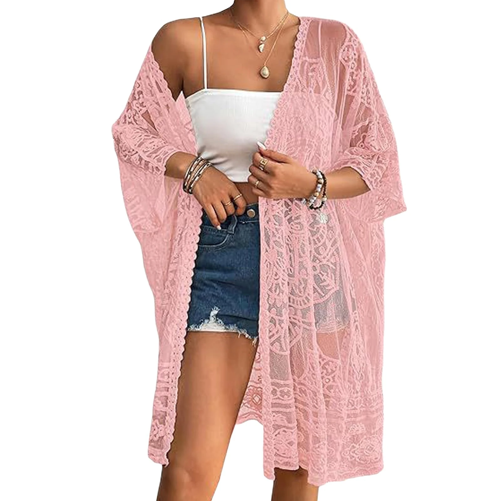 Qianderer Women's Lace Kimonos Bikini Cover-Up Summer Beach Coverup Swimsuit 3/4 Sleeves Open Front Sheer Mesh Crochet Kimono Cardigan (Ba Pink, One Size)