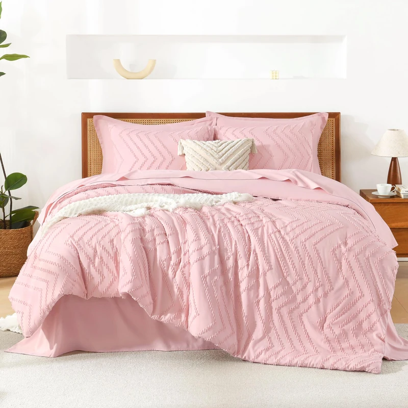 Litanika Pink Queen Size Comforter Set with Sheets - 7 Pieces Bed in a Bag Queen Boho Tufted Complete Bedding Sets with Comforter, Sheets, Pillowcases & Shams