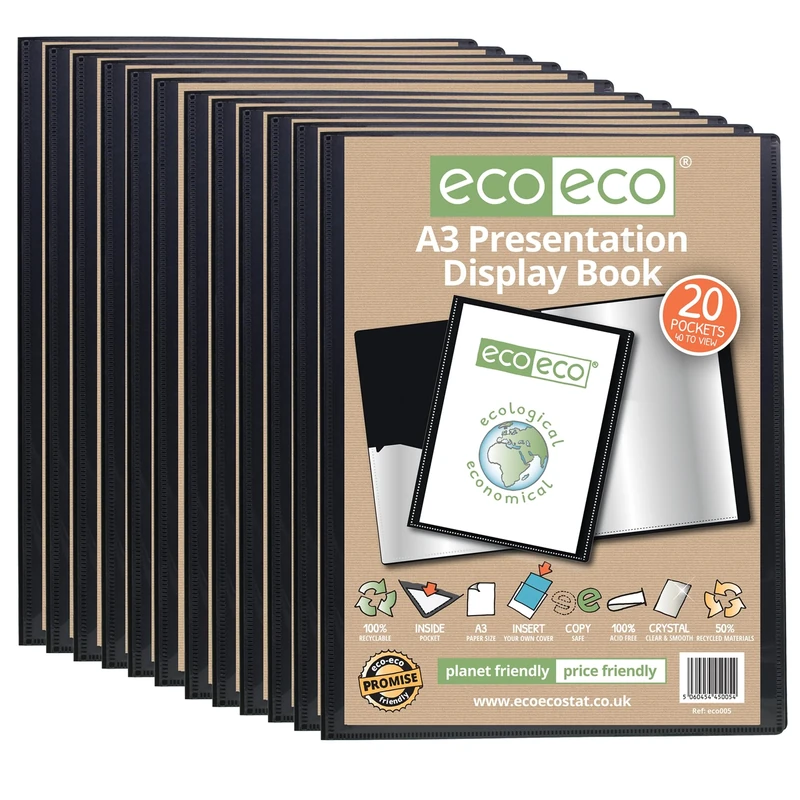 eco-eco A3 Size 50% Recycled 20 Pocket Black Presentation Display Book, Storage Case Portfolio Art Folder with Plastic Sleeves, Pack of 12, eco005x12