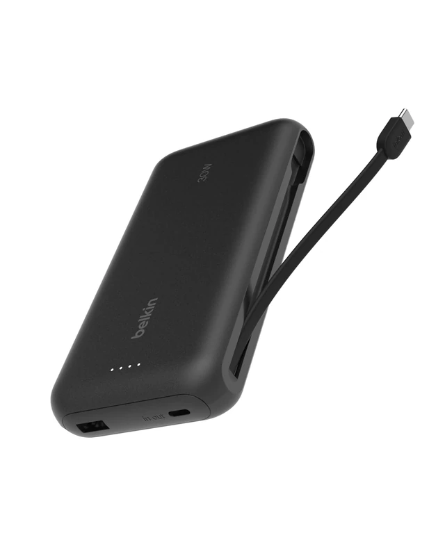 Belkin Portable Charger, Power Bank with Integrated Cable 20K PD 30W - Fast Charging USB-C Power Delivery, Portable Charger for iPhone 16 Series, iPad Pro, Galaxy S25 Series, and More - Black