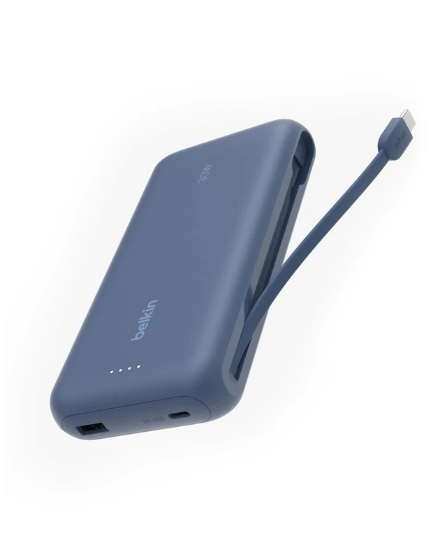 Belkin Portable Charger, Power Bank with Integrated Cable 20K PD 30W - Fast Charging USB-C Power Delivery, Portable Charger for iPhone 16 Series, iPad Pro, Galaxy S25 Series, and More - Blue