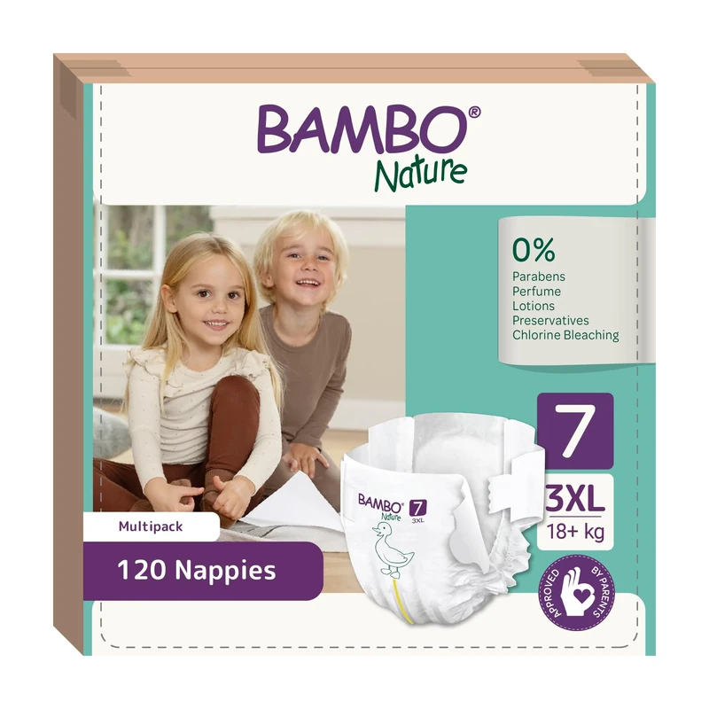 Bambo Nature Nappies Size 7 (18+kg), Box of 120 Disposable Nappies, Eco Nappy with Enhanced Leakage Protection, Secure Baby Nappy, Skin-Friendly for Ultimate Comfort