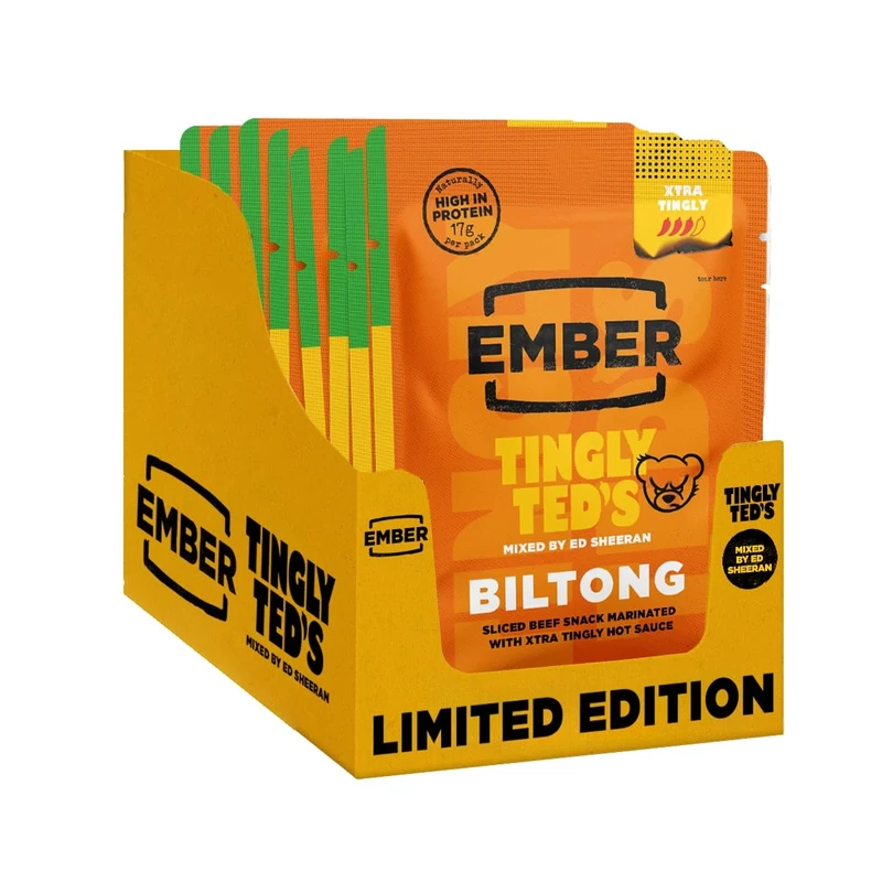 Ember Beef Biltong Tingly Teds 320g - High Protein Meat Jerky Snack - Ready to Eat, Low Fat, No Artificial Colours or Flavours - Box of 8 x 40g Packs from a Family-Run UK Business