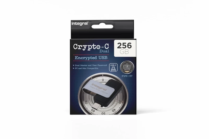 Integral 256GB Crypto-C Dual Encrypted USB Flash Memory Drive, AES-XTS 256-Bit Hardware Encrypted USB 3.2 with Secure Dual Password - Certified to FIPS 197, Compatible with Mac, MacBook, PC, laptop