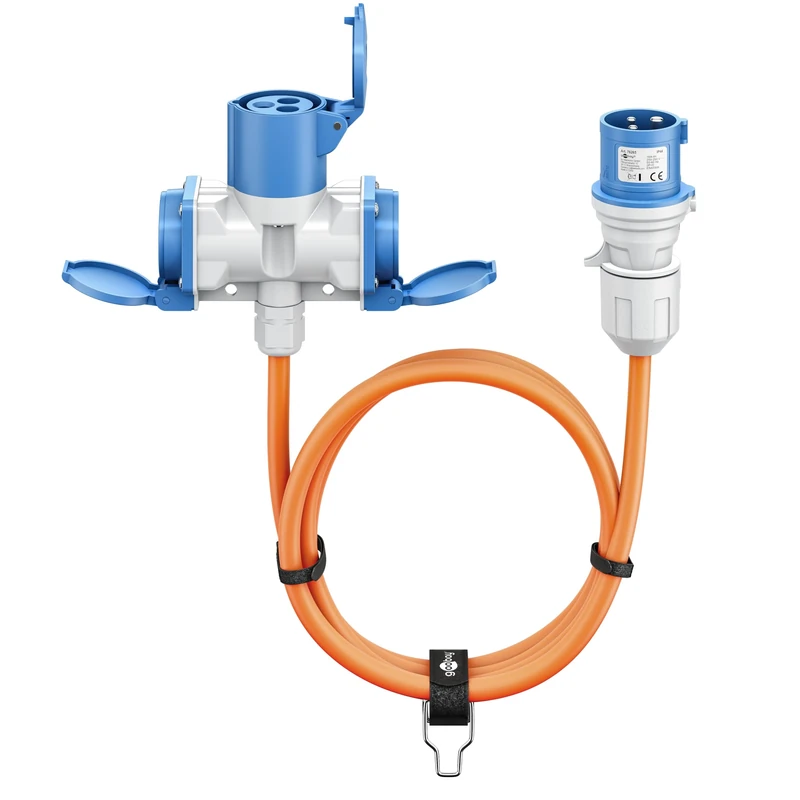 goobay EEC Caravan Adapter Cable, 10 m, CEE Plug to 1 x CEE Socket and 2 x Socket with Protection Contact, IP 44, Camping Cable, Motorhome and Construction, 76266