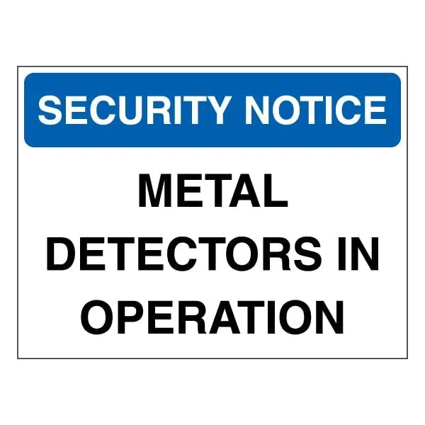 V Safety Security Notice - Metal Detectors In Operation - Blue 600 x 450 mm - Glow In The Dark Self Adhesive Vinyl Safety Sign
