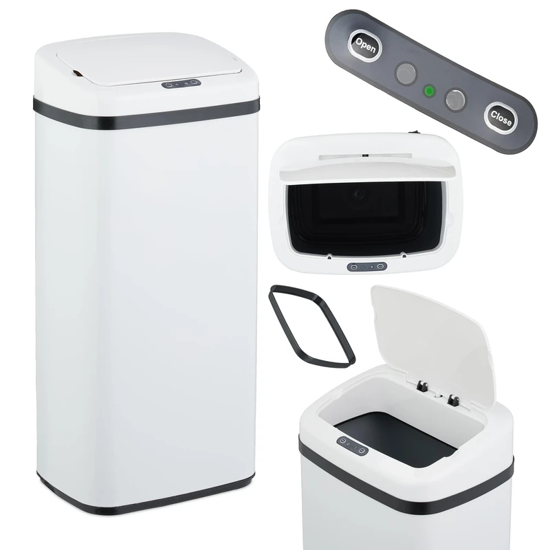 Relaxdays Kitchen Bin with Sensor, Automatic Electric Lid, Waste Container, Rubbish Bag Holder, White, Steel, Plastic, 40 L