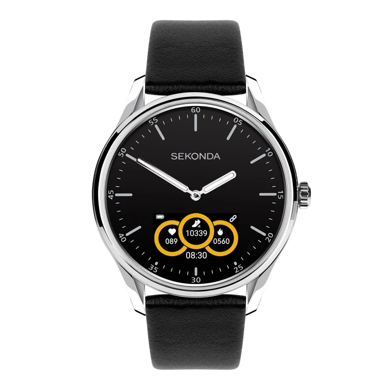 Sekonda Hybrid Mens 45mm Smartwatch Watch With Silver Case And Leather Strap With Black/AMOLED Dial