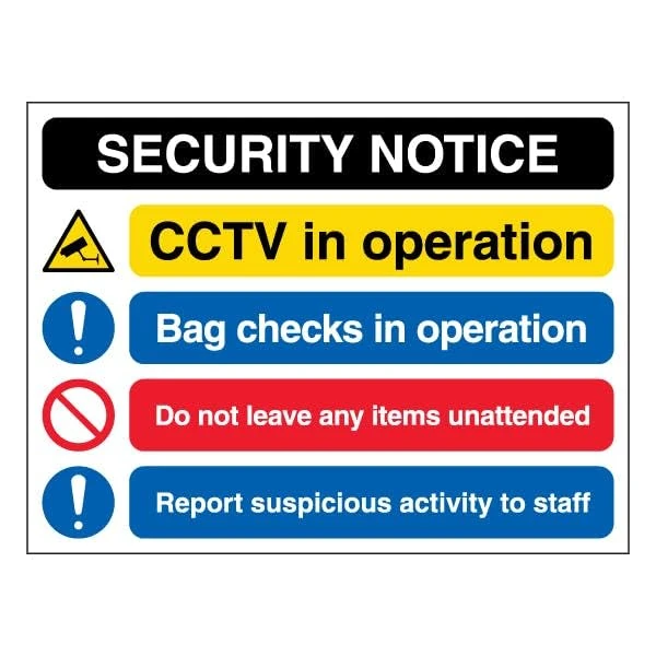 V Safety Security Notice - CCTV/Bag Checks/Unattended Items - Landscape 600 x 450 mm - Glow In The Dark Self Adhesive Vinyl Safety Sign