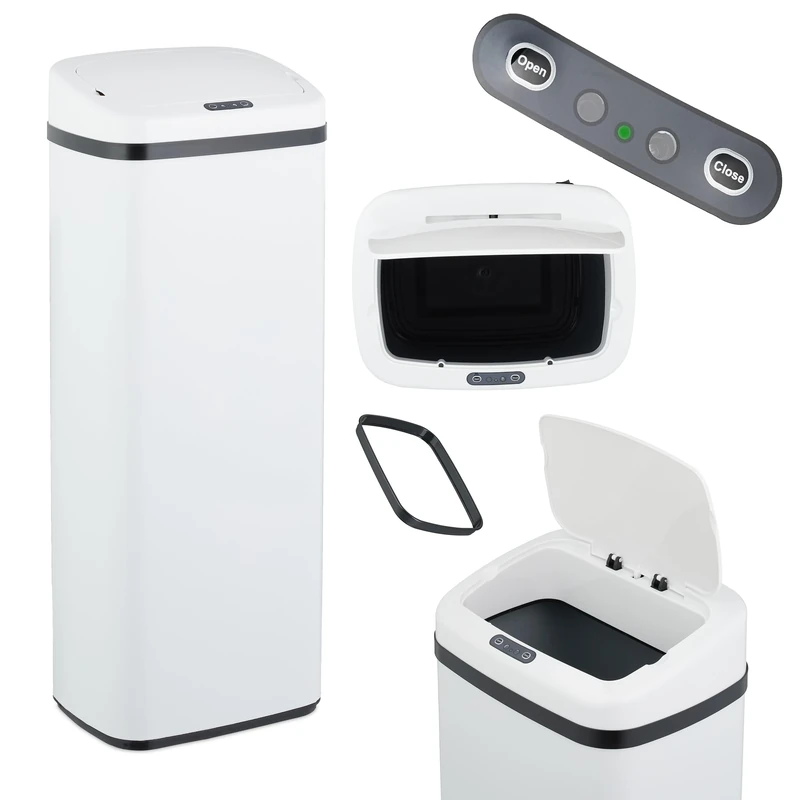 Relaxdays Kitchen Bin with Sensor, Automatic Electric Lid, Waste Container, Rubbish Bag Holder, White, Steel, Plastic, 50 L