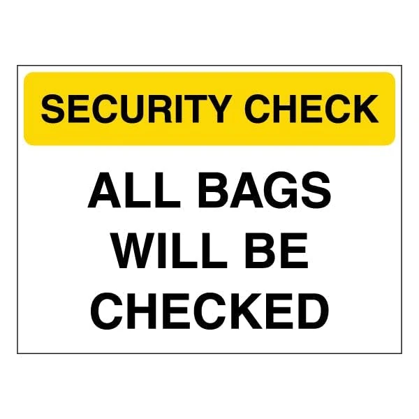 V Safety Security Check - All Bags Will Be Checked - Yellow 600 x 450 mm - Glow In The Dark Self Adhesive Vinyl Safety Sign