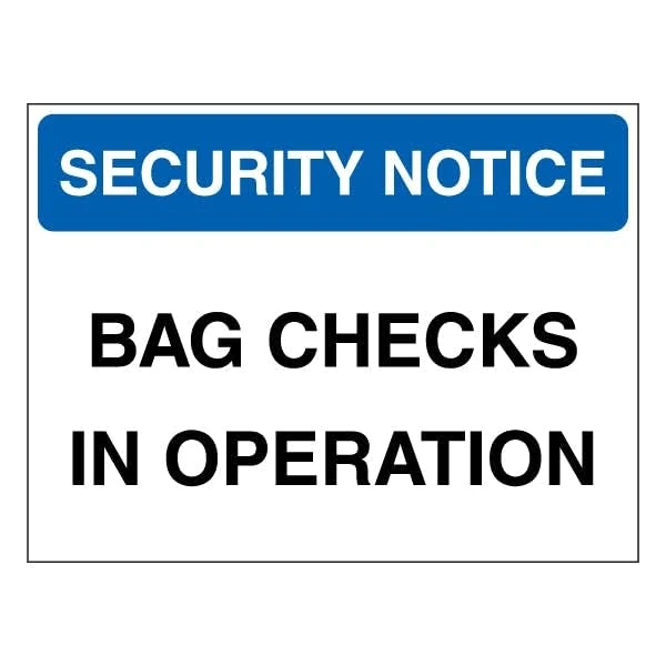 V Safety Security Notice - Bag Checks In Operation - Blue 600 x 450 mm - Glow In The Dark Self Adhesive Vinyl Safety Sign