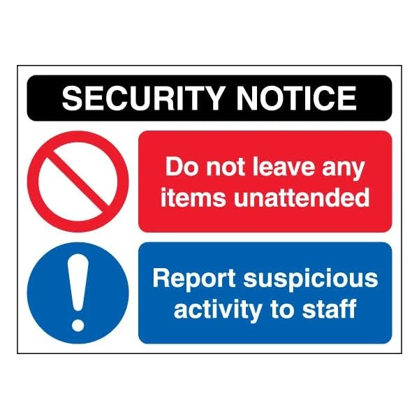 V Safety Security Notice - Unattended Items/Report Suspicious Activity To Staff - Landscape 600 x 450 mm - Glow In The Dark Self Adhesive Vinyl Safety Sign