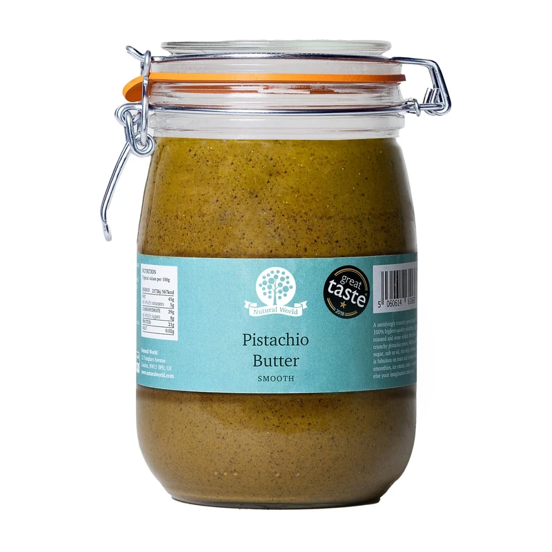 Nutural World - Smooth Pistachio Nut Butter (1kg) ***Reusable Glass Jar*** Great Taste Award Winner - 100% Pure - Single Ingredient