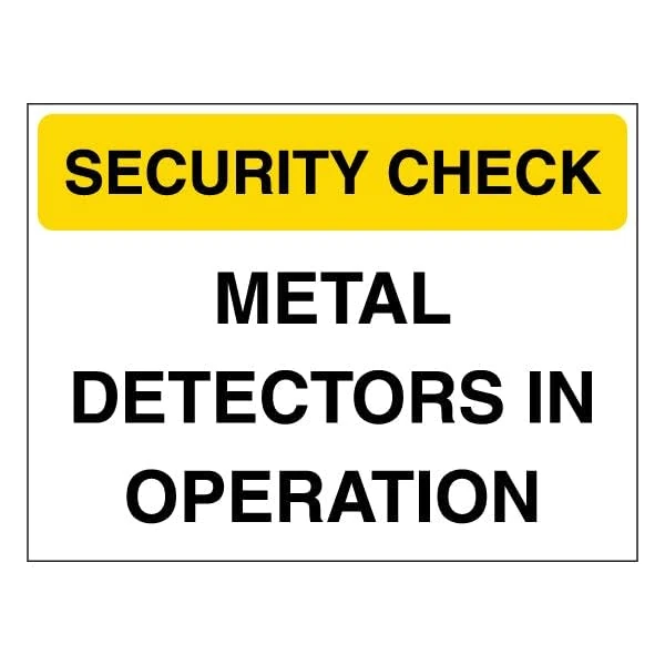 V Safety Security Check - Metal Detectors In Operation - Yellow 600 x 450 mm - Glow In The Dark Self Adhesive Vinyl Safety Sign
