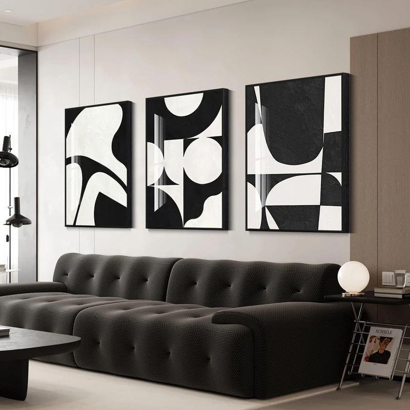 Black Framed Abstract Wall Art Geometric Black & White Canvas Paintings for Living Room Bedroom Bathroom Modern Minimalist High Gloss Decor 16x24 Inches 3 Piece Set