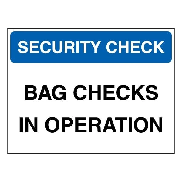 V Safety Security Check - Bag Checks In Operation - Blue 600 x 450 mm - Glow In The Dark Self Adhesive Vinyl Safety Sign