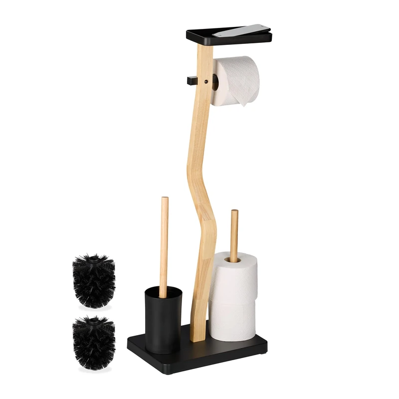Relaxdays Toilet Roll Holder and Brush Set, HxWxD: 80 x 30 x 20 cm, Freestanding, Bathroom Accessories with Shelf, Black