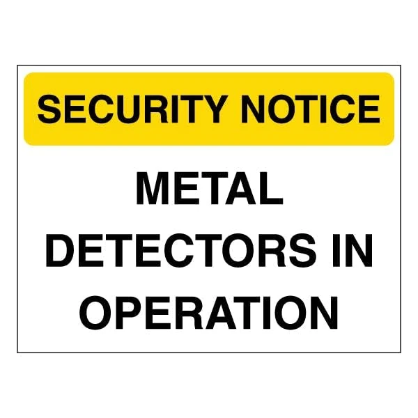 V Safety Security Notice - Metal Detectors In Operation - Yellow 600 x 450 mm - Glow In The Dark Self Adhesive Vinyl Safety Sign
