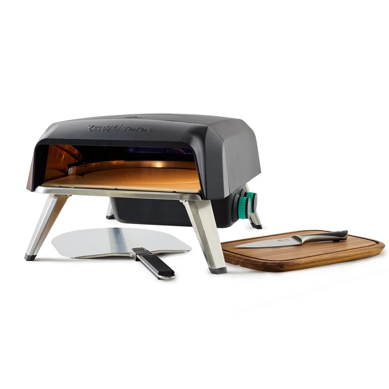 Jamie Oliver by Tefal Ultimate Bundle Outdoor Gas Pizza Oven, Chopping Board & 20cm Chef's Knife, Rotating Stone for Homemade Pizza, Pizza Parties, includes Pizza Peel, Gas Hose and Regulator