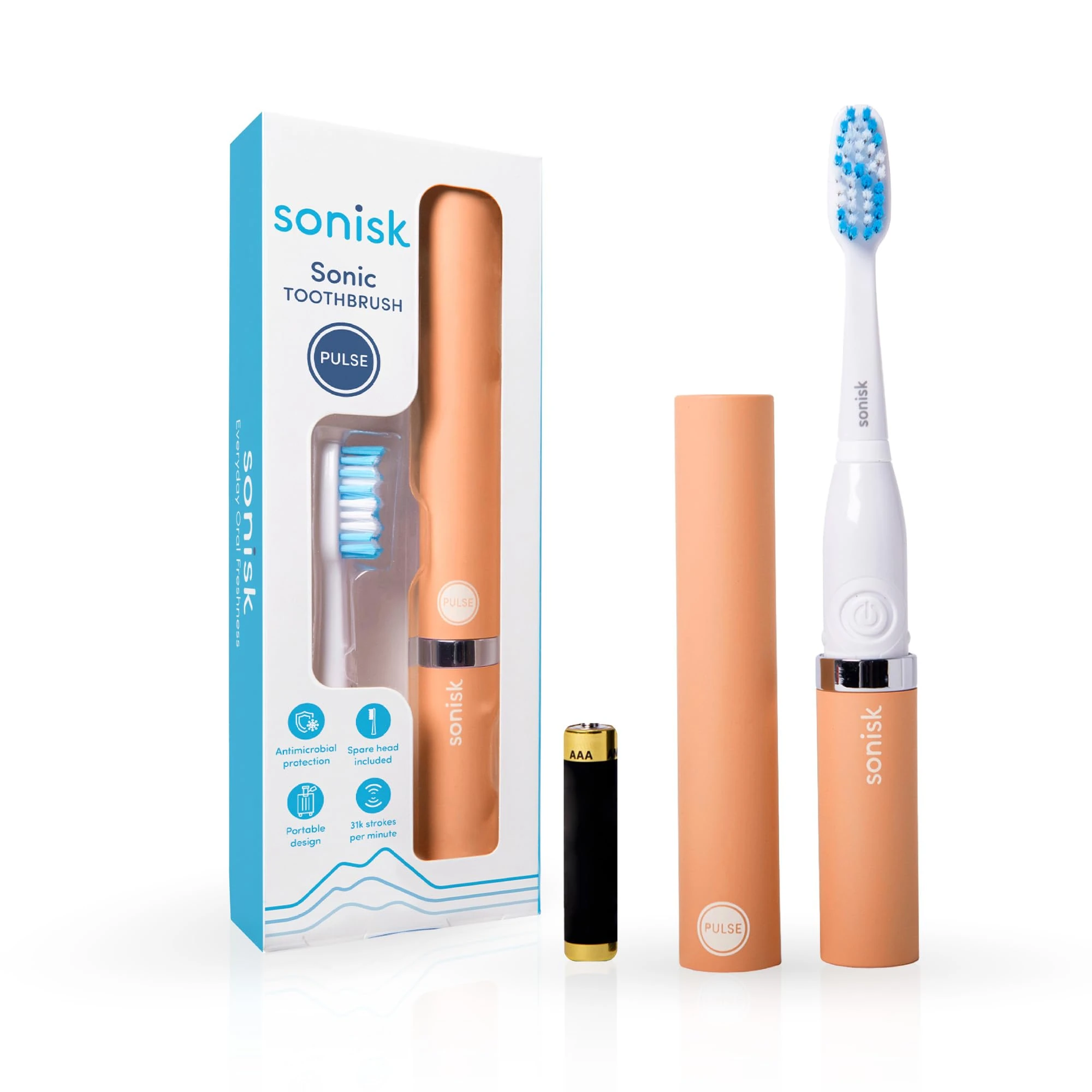 Sonisk Pulse | Battery Powered Electric Toothbrush | Portable Travel Size with Antimicrobial Sonic Technology | 1x Battery, 2X Brush Heads, 1x Travel Case Included (Peachy Peach)
