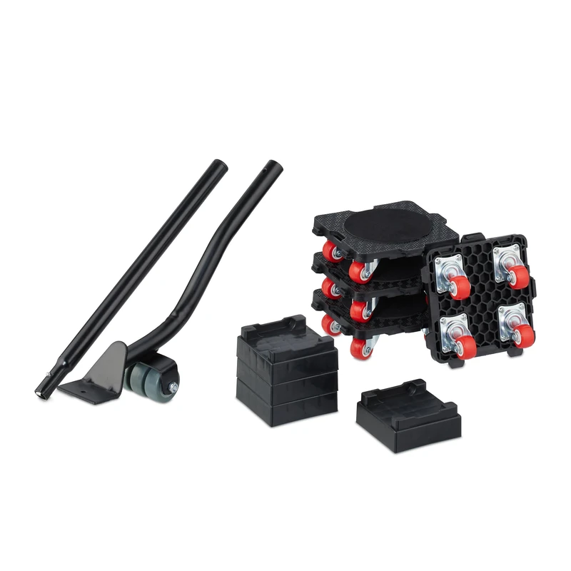 Relaxdays Furniture Lifter and Mover's Dolly, Transport Roller, up to 300 kg, 4 Attachments, Heavy Lifting, Black/Red