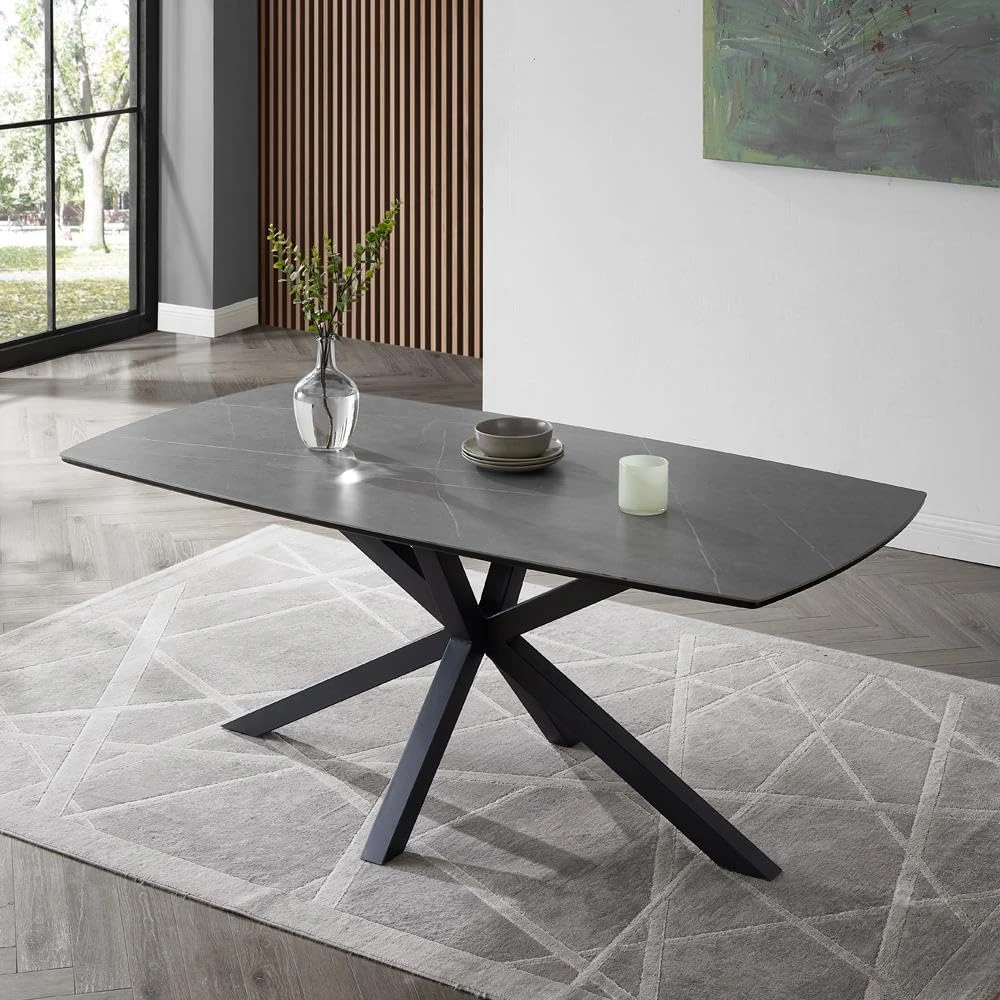 Home Detail Sintered Stone Dining Table with Black Legs, Heat Scratch Waterproof Stain Resistant, Marble Ceramic Large, 4 Seater or 6 Seater Ceramic Table (180cm)