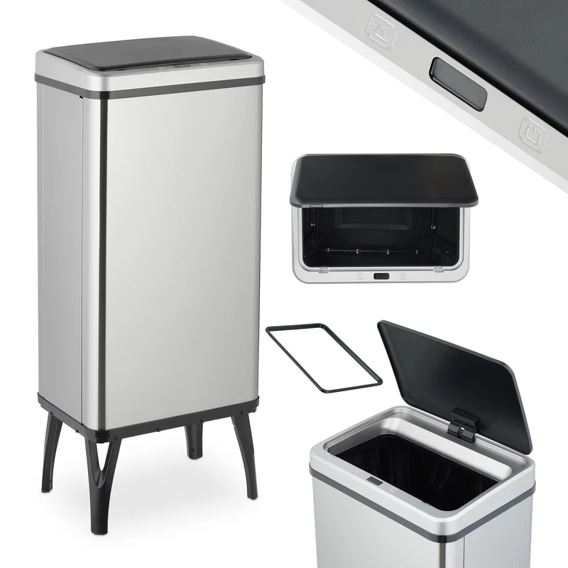 Relaxdays Kitchen Bin with Sensor, 50 L, Automatic Lid, Waste Container, Rubbish Bag Holder, Stainless Steel, Silver