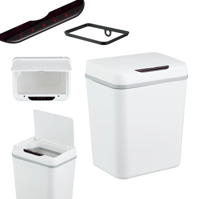 Relaxdays Bathroom Bin with Sensor, 9 L, Automatic Lid, Bag Holder, Sanitary Waste, Rubbish Disposal, Plastic, White
