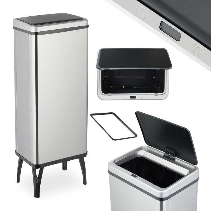 Relaxdays Kitchen Bin with Sensor, 60 L, Automatic Lid, Waste Container, Rubbish Bag Holder, Stainless Steel, Silver, Plastic