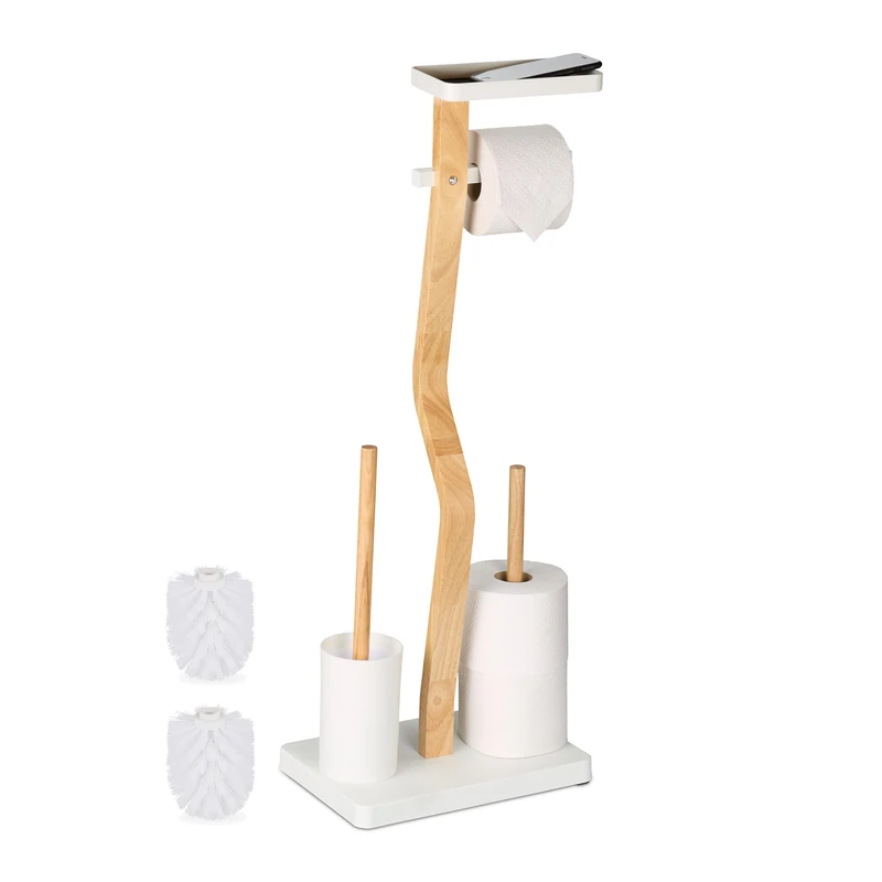 Relaxdays Toilet Roll Holder and Brush Set, HxWxD: 80 x 30 x 20 cm, Freestanding, Bathroom Accessories with Shelf, White