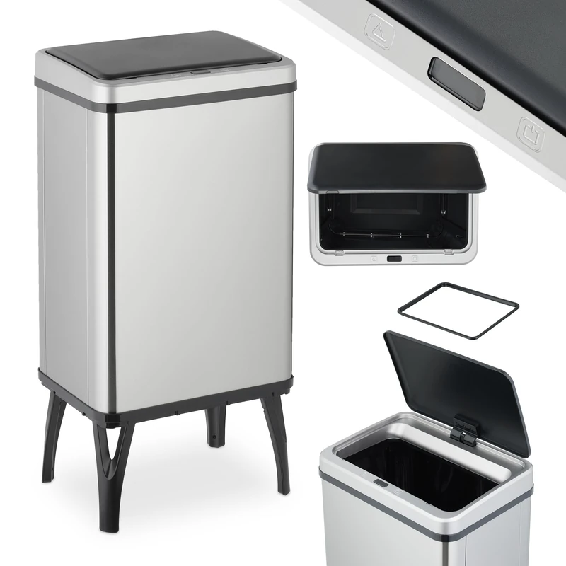 Relaxdays Kitchen Bin with Sensor, 40 L, Automatic Lid, Waste Container, Rubbish Bag Holder, Stainless Steel, Silver