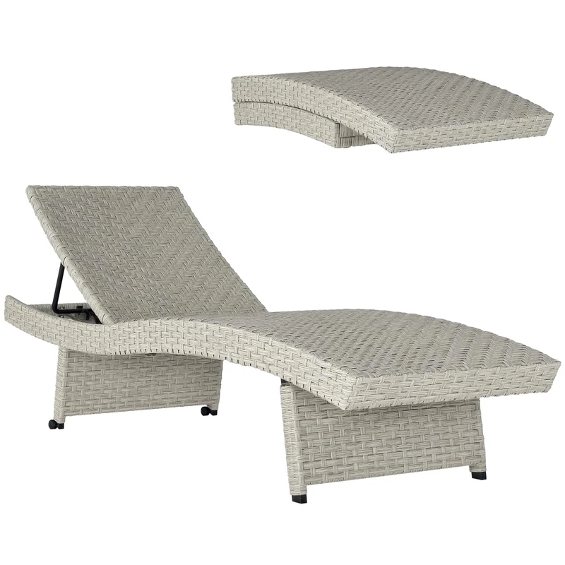 Outsunny Outdoor PE Rattan Sun Lounger, Folding Wicker Garden Lounger Recliner with 4-Level Adjustable Backrest, Rolling Sunbed Lounge Chair with Wheels, Non-Slip Legs for Balcony, Beach, Grey