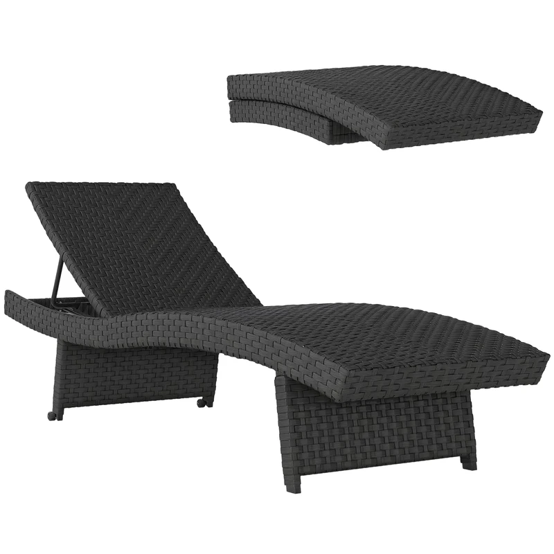 Outsunny Outdoor PE Rattan Sun Lounger, Folding Wicker Garden Lounger Recliner with 4-Level Adjustable Backrest, Rolling Sunbed Lounge Chair with Wheels, Non-Slip Legs for Balcony, Beach, Black